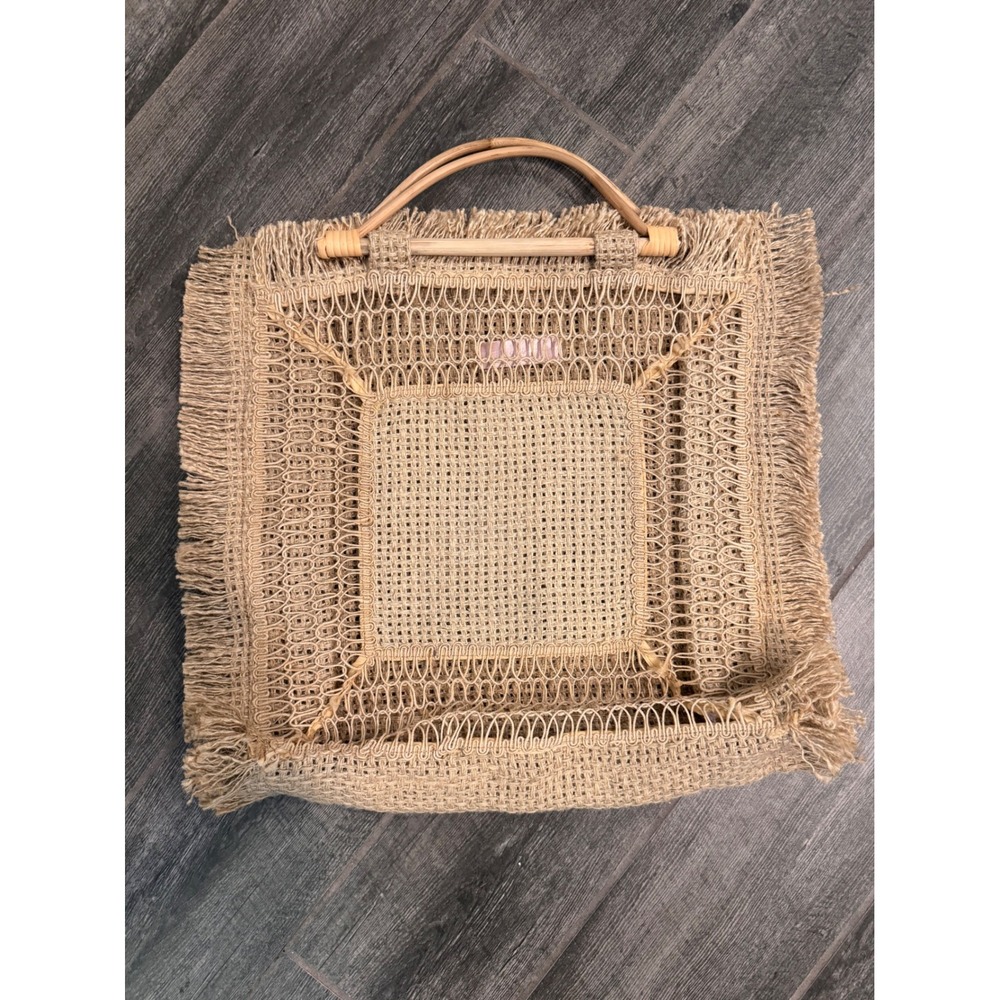 Kristin Made Tumble Weed Hand Bag Tan Woven Jute Burlap Bamboo Handle Tote New